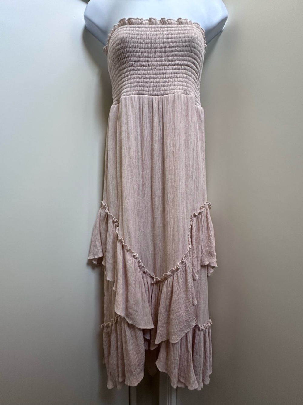 Smocked Strapless Midi Dress with Ruffle Tiers in Dusty Rose - Picture 2 of 5
